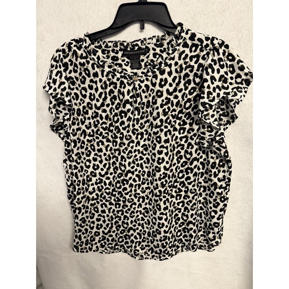 Preswick & Moore Cap Sleeve Animal Print Top SZ L Key Hole Neck Rd Hemline